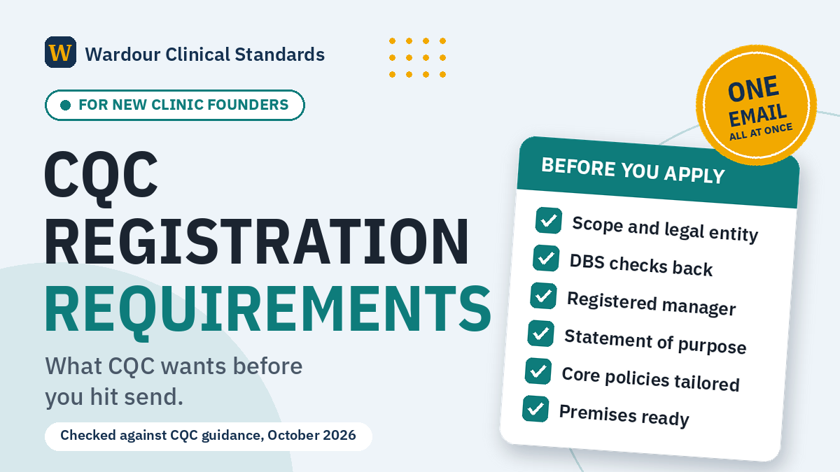 Hero graphic reading 'CQC registration requirements: what CQC wants before you hit send', with a document card listing people, documents, premises and one email